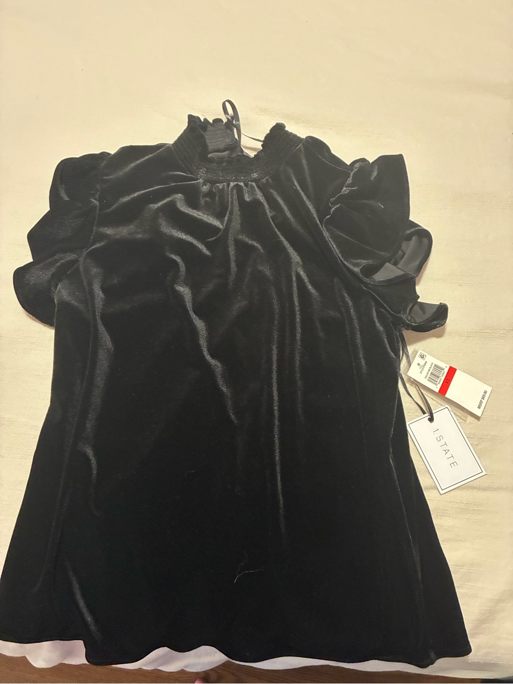 1.STATE Velvet Ruffle Short Sleeve Top in Black